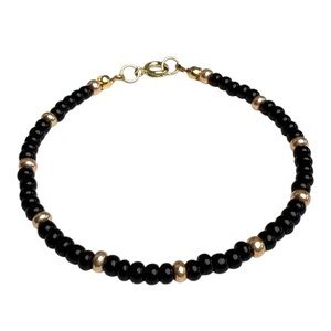 Hand Crafted Black & Gold Czech Seed Beaded Bracelet Gold Tone Clasp Size 7 NEW